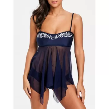 Embroidery esh Sheer Handkerchief Tankini Set - Purplish Blue