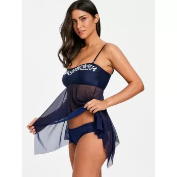 Embroidery esh Sheer Handkerchief Tankini Set - Purplish Blue