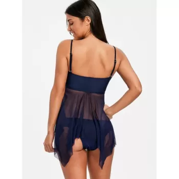 Embroidery esh Sheer Handkerchief Tankini Set - Purplish Blue