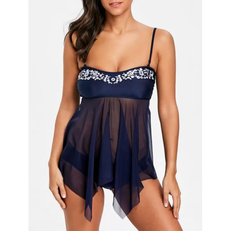 Embroidery esh Sheer Handkerchief Tankini Set - Purplish Blue