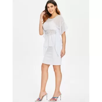 Empire Waist Peplum Blouse with Tank Top - Water