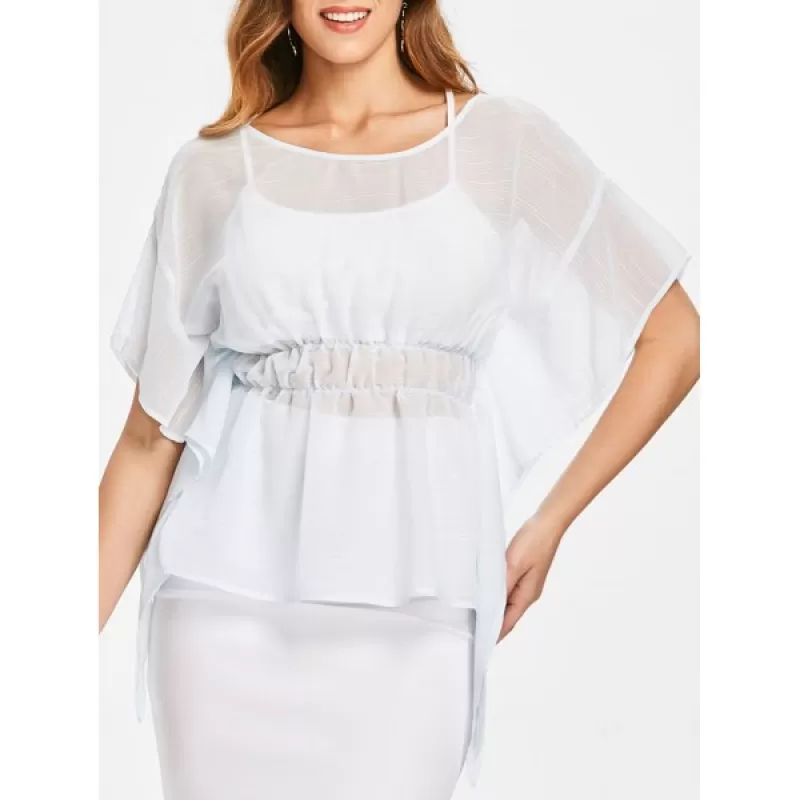 Empire Waist Peplum Blouse with Tank Top - Water