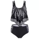 Ethnic Criss Cross Flounce Tankini Swimwear - Black