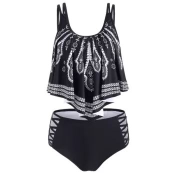 Ethnic Criss Cross Flounce Tankini Swimwear - Black