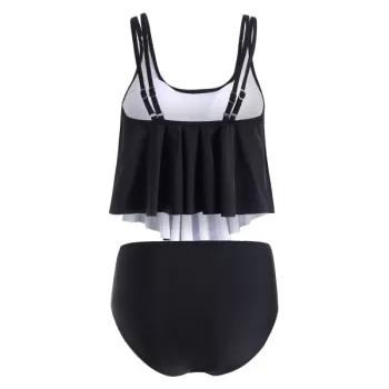 Ethnic Criss Cross Flounce Tankini Swimwear - Black
