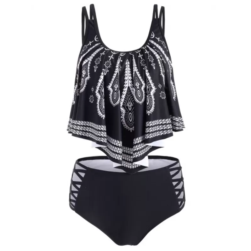 Ethnic Criss Cross Flounce Tankini Swimwear - Black