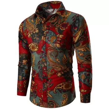 Ethnic Paisley Print Casual Shirt - Red Wine