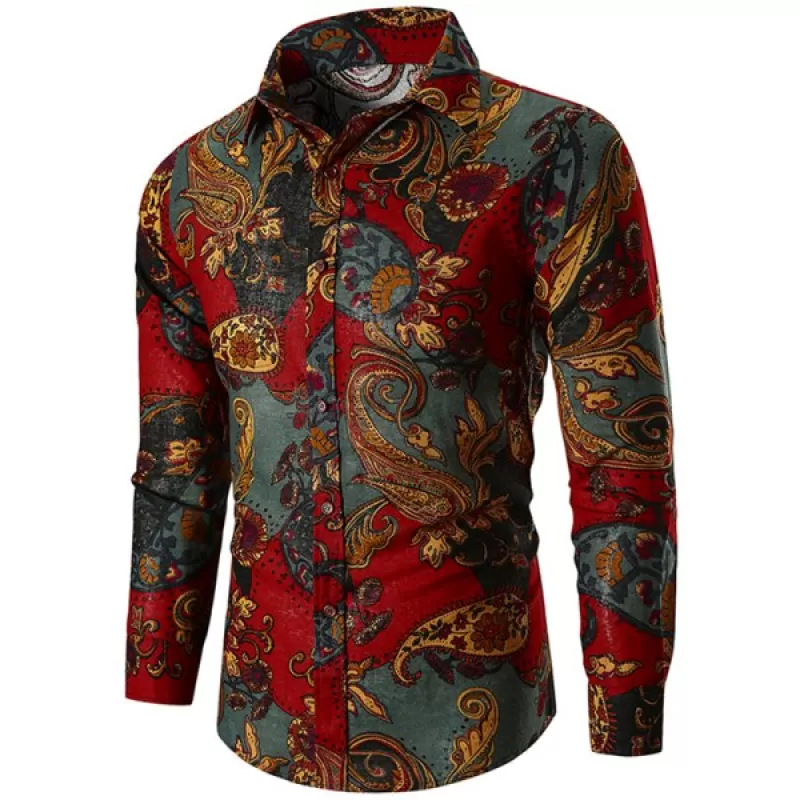 Ethnic Paisley Print Casual Shirt - Red Wine