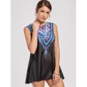 Ethnic Style Sleeveless Scoop Neck Printed Women's Dress - Black