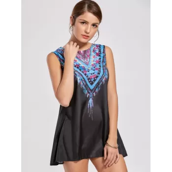 Ethnic Style Sleeveless Scoop Neck Printed Women's Dress - Black