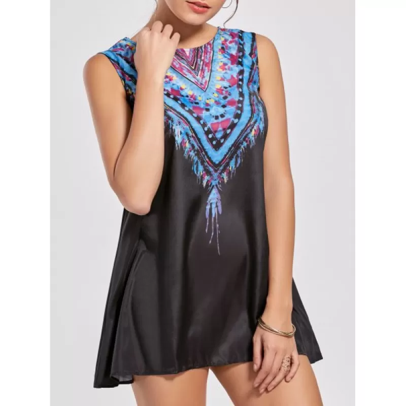 Ethnic Style Sleeveless Scoop Neck Printed Women's Dress - Black