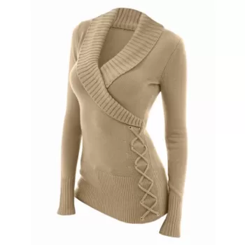 Fashion Women's V-neck Sweater - Khaki