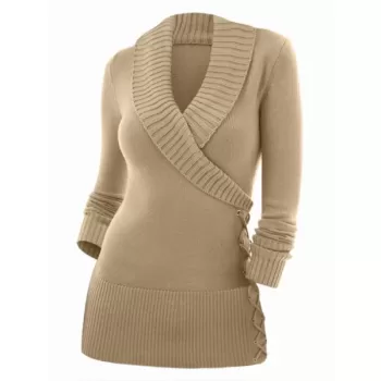 Fashion Women's V-neck Sweater - Khaki