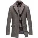 Fashion Woolen Plaid Scarf Lapel Coat - Gray
