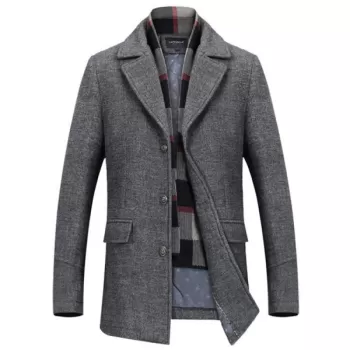 Fashion Woolen Plaid Scarf Lapel Coat - Gray