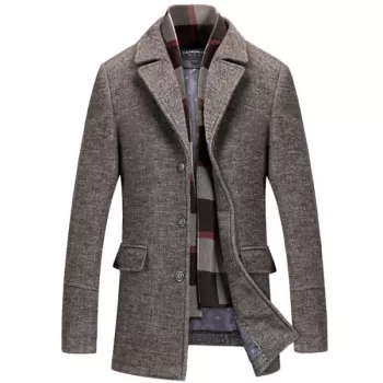 Fashion Woolen Plaid Scarf Lapel Coat - Gray