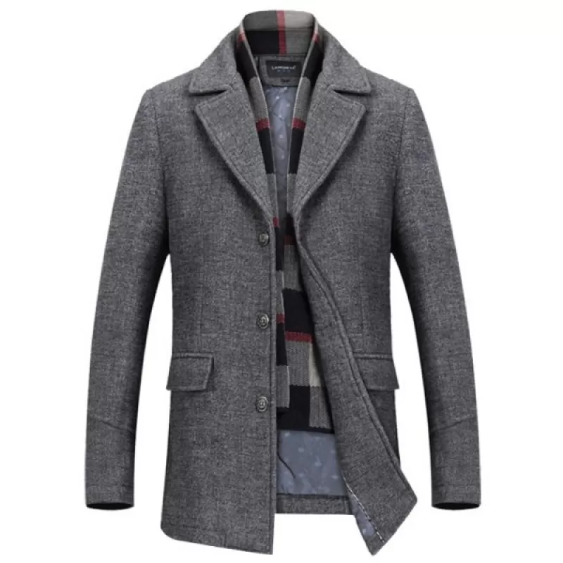 Fashion Woolen Plaid Scarf Lapel Coat - Gray