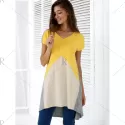 Fashionable V-Neck hort leeve Contrast Color Loose-Fitting Blouse -