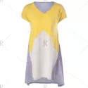 Fashionable V-Neck hort leeve Contrast Color Loose-Fitting Blouse -