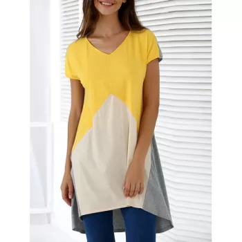 Fashionable V-Neck hort leeve Contrast Color Loose-Fitting Blouse -