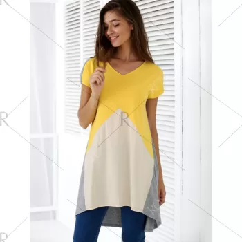 Fashionable V-Neck hort leeve Contrast Color Loose-Fitting Blouse -