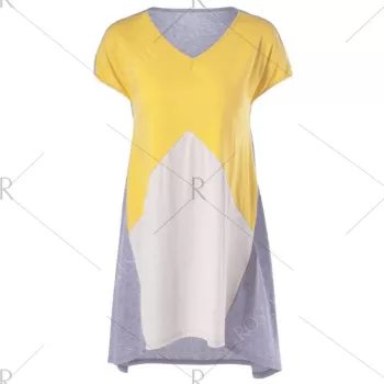 Fashionable V-Neck hort leeve Contrast Color Loose-Fitting Blouse -