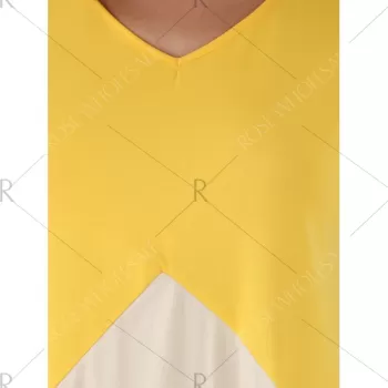 Fashionable V-Neck hort leeve Contrast Color Loose-Fitting Blouse -