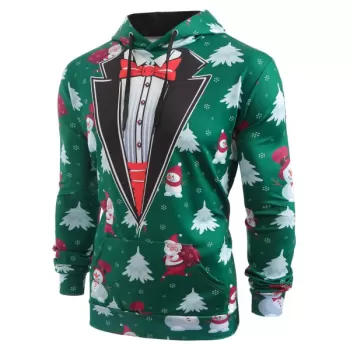 Faux Coallar Santa Claus Snowmen Printed Christmas Hoodie - Pine Green