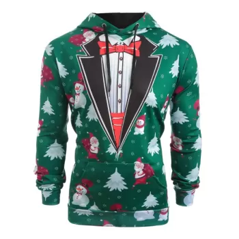 Faux Coallar Santa Claus Snowmen Printed Christmas Hoodie - Pine Green