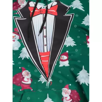 Faux Coallar Santa Claus Snowmen Printed Christmas Hoodie - Pine Green