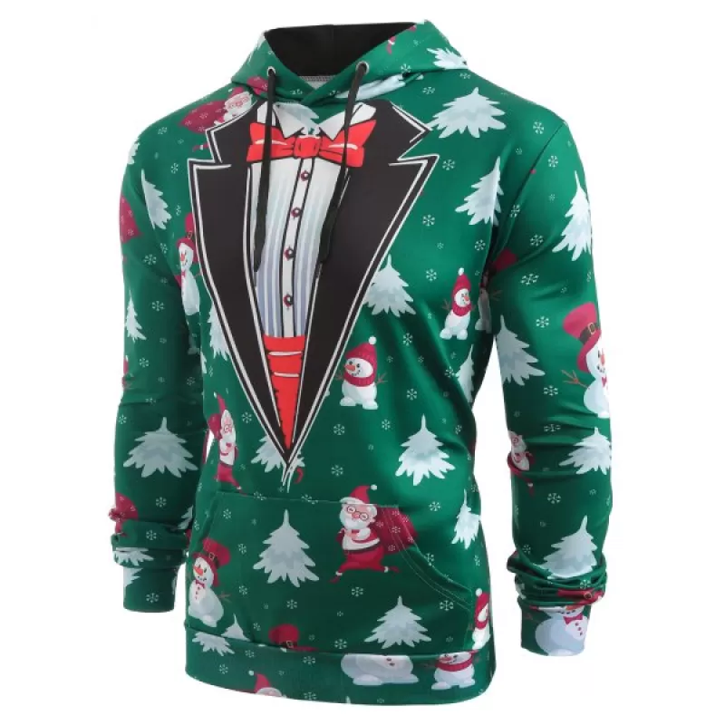 Faux Coallar Santa Claus Snowmen Printed Christmas Hoodie - Pine Green
