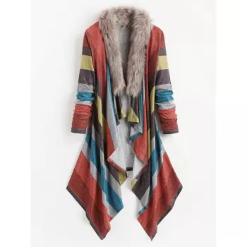 Faux Fur Collar Open Front Asymmetrical Cardigan -