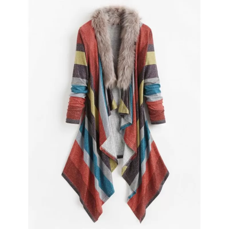 Faux Fur Collar Open Front Asymmetrical Cardigan -