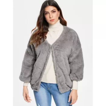 Faux Fur Drop Shoulder Loose Coat - Gray One