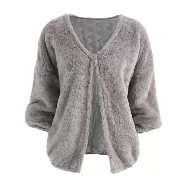 Faux Fur Drop Shoulder Loose Coat - Gray One