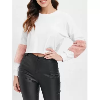 Faux Fur Embellished Crop Sweatshirt - White