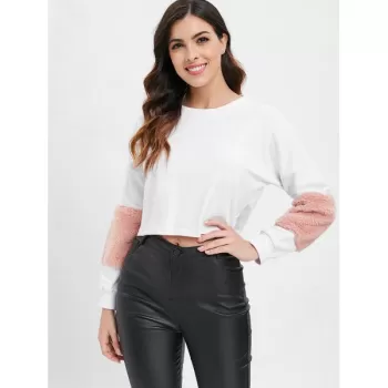 Faux Fur Embellished Crop Sweatshirt - White
