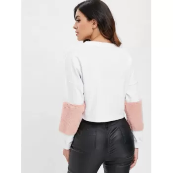 Faux Fur Embellished Crop Sweatshirt - White