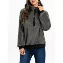 Faux Fur Half Button Drop Shoulder Sweatshirt - Gray