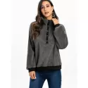 Faux Fur Half Button Drop Shoulder Sweatshirt - Gray
