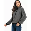 Faux Fur Half Button Drop Shoulder Sweatshirt - Gray