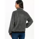 Faux Fur Half Button Drop Shoulder Sweatshirt - Gray