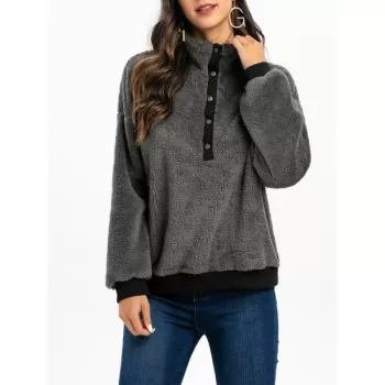 Faux Fur Half Button Drop Shoulder Sweatshirt - Gray