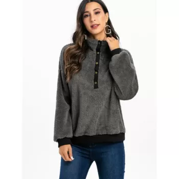 Faux Fur Half Button Drop Shoulder Sweatshirt - Gray