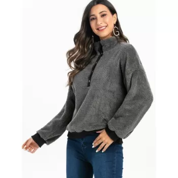 Faux Fur Half Button Drop Shoulder Sweatshirt - Gray