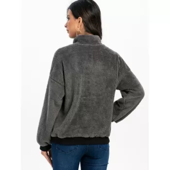 Faux Fur Half Button Drop Shoulder Sweatshirt - Gray