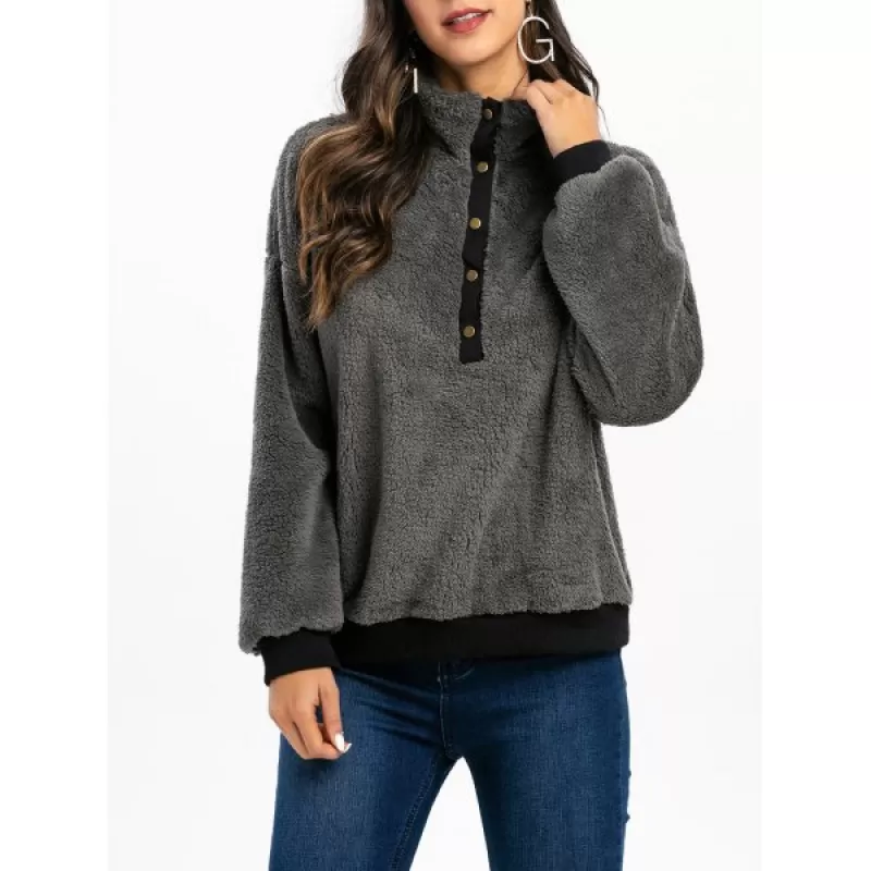 Faux Fur Half Button Drop Shoulder Sweatshirt - Gray