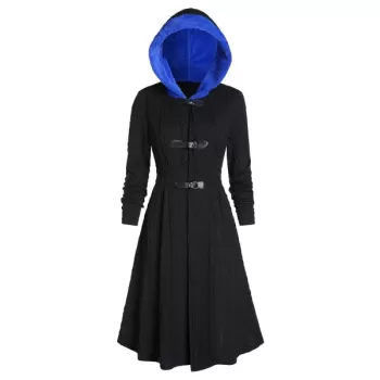 Faux Fur Hooded Buckle Cable Knit Coat - Black