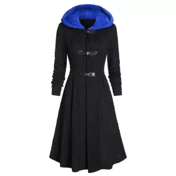 Faux Fur Hooded Buckle Cable Knit Coat - Black