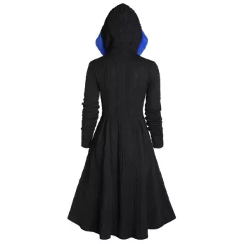 Faux Fur Hooded Buckle Cable Knit Coat - Black